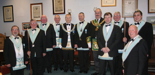 Lodge Officers with the Provincial Grand Masters of Antrim and Glasgow