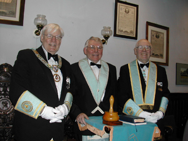 Installation, 26th January 2007. L to R: V. W. Bro. John Frazer (Prov. Asst. Grand Master), W. Bro. Tommy Agnew (W.M. for 2007), Installing Master W. Bro. George McFetridge