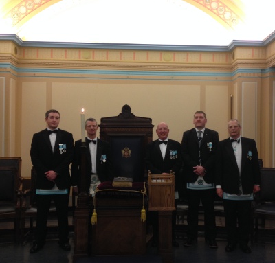 Visit to UGLE, London, 15th March 2014. L to R: Andrew Spiers, Gordon Keep, Jim Thompson, Andrew Higgins (Lodge No. 1111), Godfrey Robinson